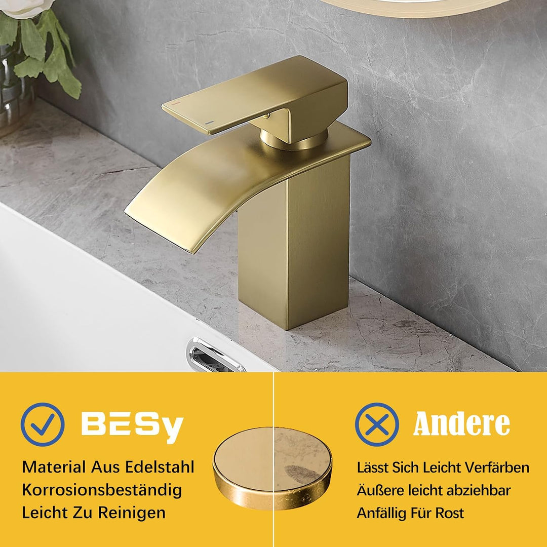 BESy Wasserfall Auslauf Badezimmer Waschtischarmatur, Einhebel-Waschtischmischbatterie, RV Waschbeck