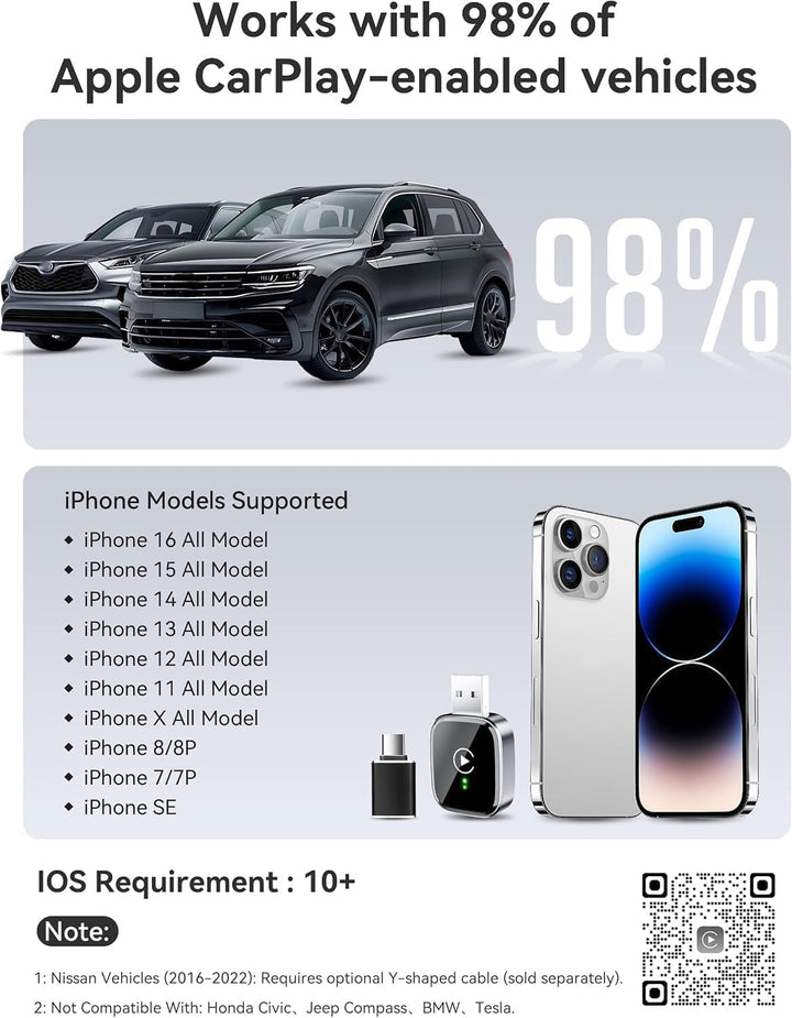 CarPlay Wireless Adapter für iPhone – Upgrade auf kabelloses CarPlay, Plug & Play, USB/Type-C, Mini
