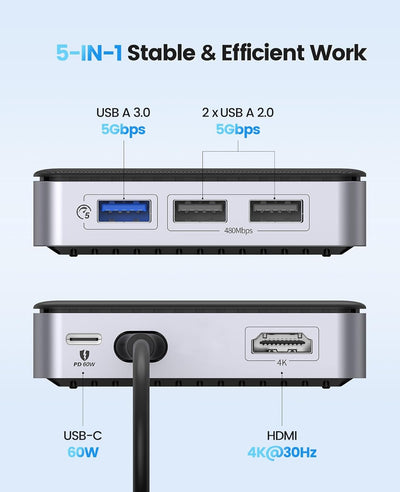 ORICO USB C Hub 5 in 1 Docking Station mit 4K HDMI, PD 60W, 5 Gbps USB A 3.0, 2 Ports USB A 2.0, Typ