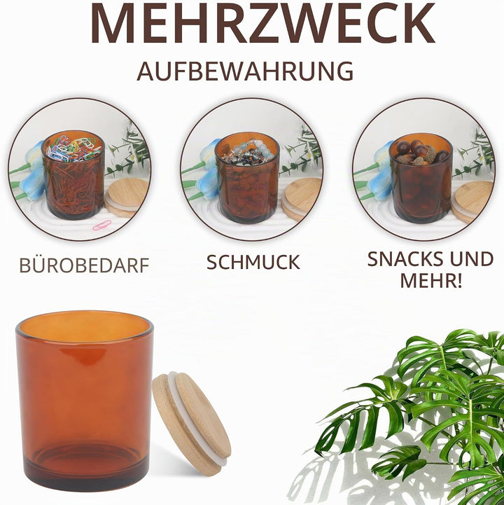 MILIVIXAY 12 Stück 200 ml bernsteinfarbene dicke Glas-Kerzengläser mit Deckel – leere Kerzengläser f