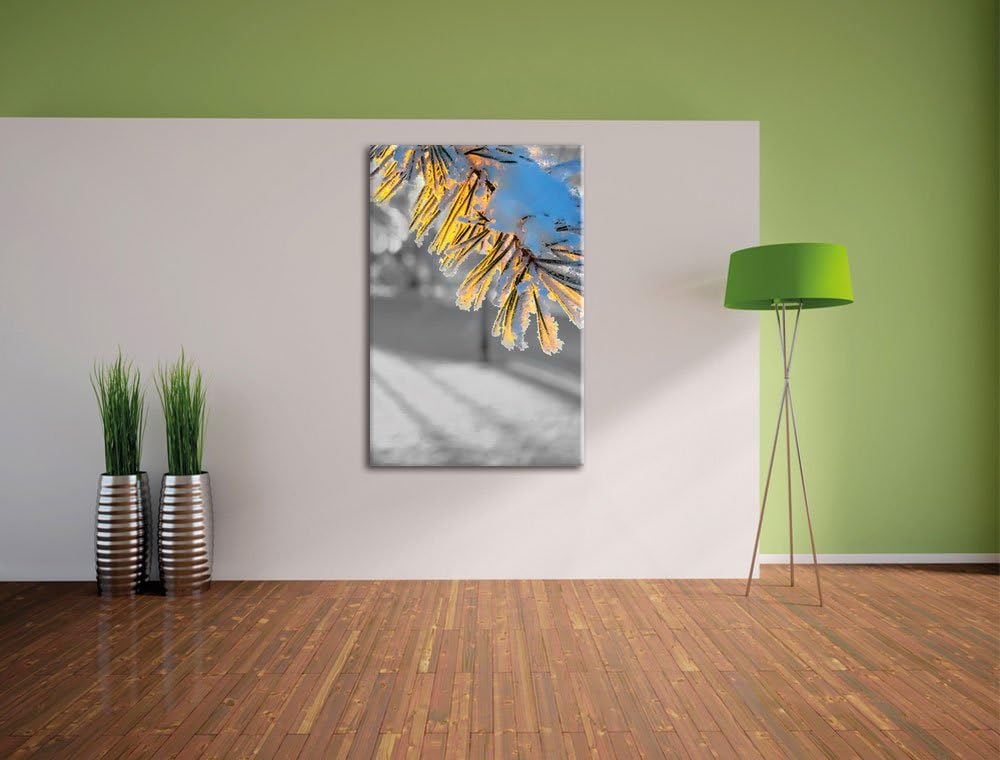 Pixxprint Tannenzweig im Winterwald schwarz/weiss als Leinwandbild/Grösse: 100x70 cm/Wandbild/Kunstd