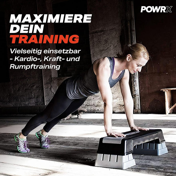 POWRX Aerobic Steppbrett 12/17/24cm (3 Stufen) I Steppbrett für zuhause höhenverstellbar und rutschf