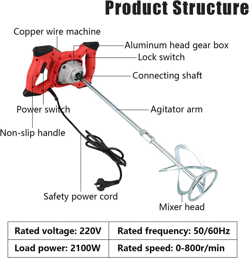 Agitator Zementmischer Industriemischer Cement mixer, 2100Watt 2-Gang Getriebe, weicher Start, mit M