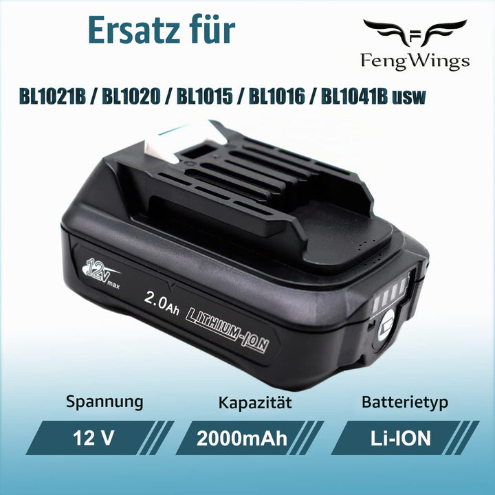 FengWings® BL1021B 2.0Ah Akku 2X Mit Ladegerät DC10WD DC10SB, Kompatibel mit Makita 12V Akku BL1016