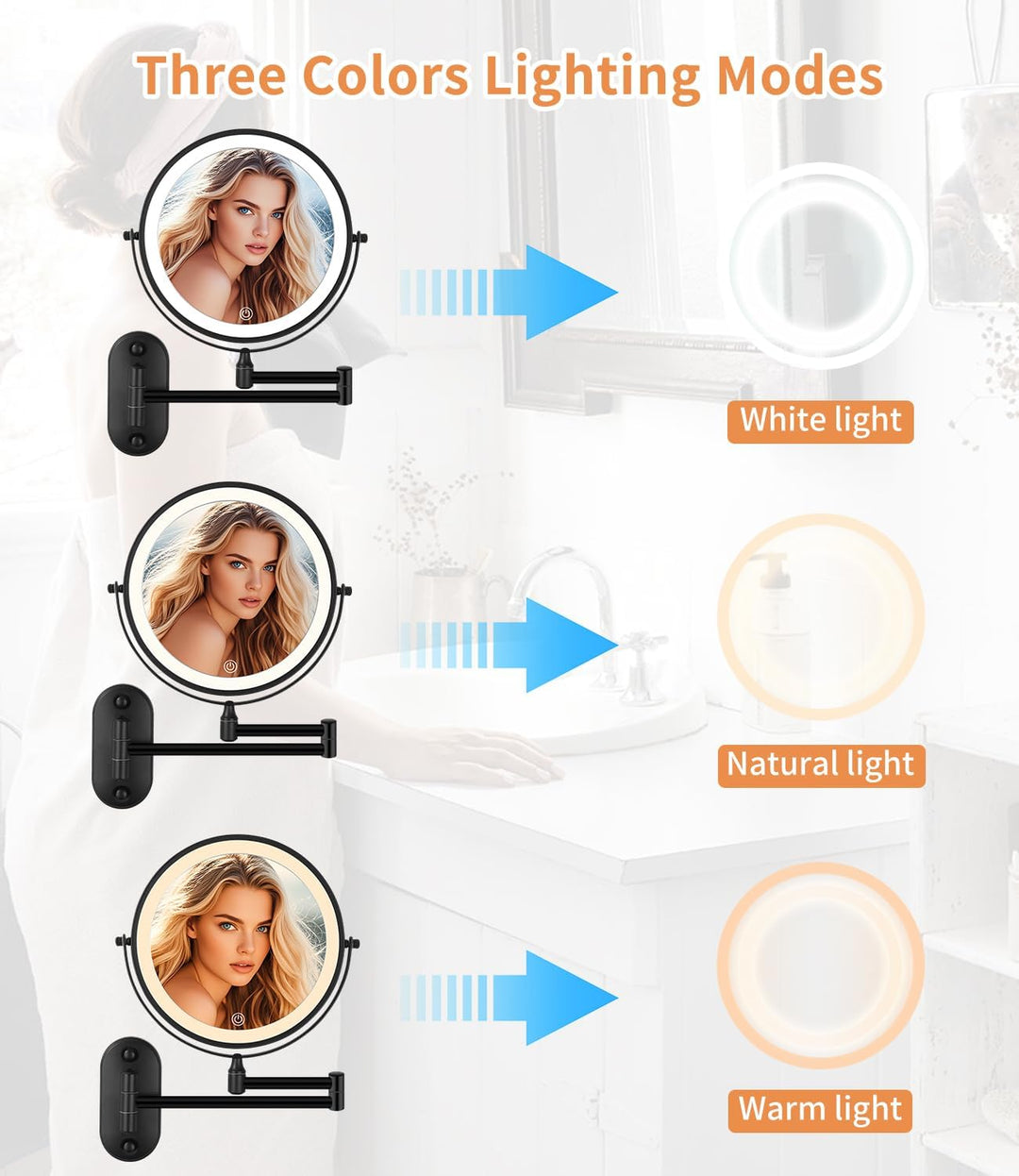 Kosmetikspiegel mit 1X/10X Vergrösserung LED Beleuchtung, Dimmbar, 3 Farben