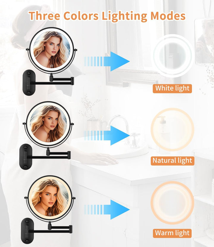 Kosmetikspiegel mit 1X/10X Vergrösserung LED Beleuchtung, Dimmbar, 3 Farben