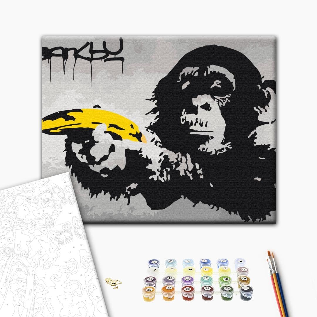 murando - Malen nach Zahlen Banksy Affe 50x40 cm Malset mit Holzrahmen auf Leinwand für Erwachsene K