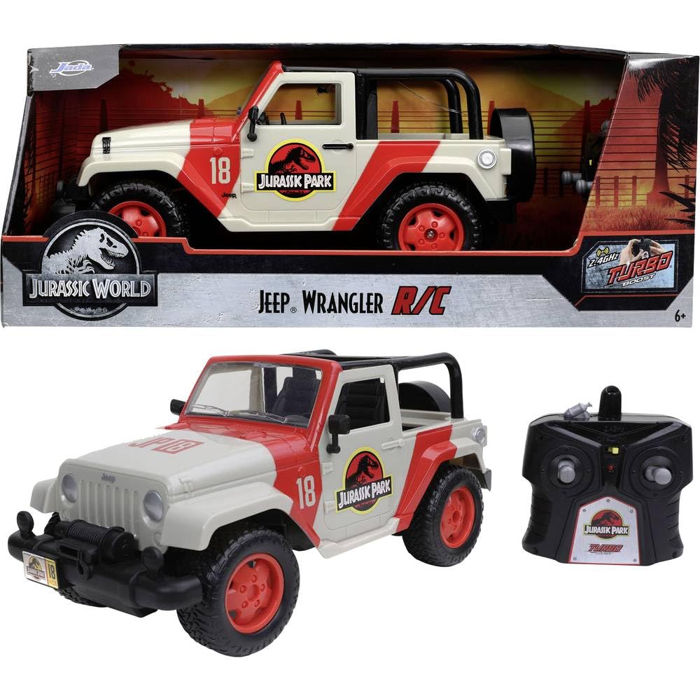 Jada Toys Jurassic Park RC Jeep Wrangler, ferngesteuertes Auto, Dinosaurier, Spielzeugauto mit Ferns