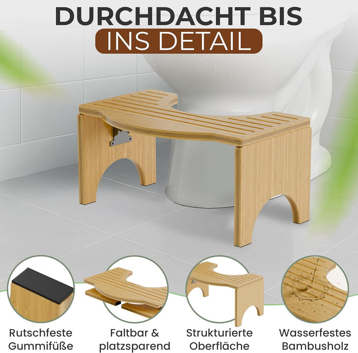 Klappbarer Toilettenhocker aus Bambus - Rutschfester WC Hocker für Erwachsene - Ergonomischer Klohoc
