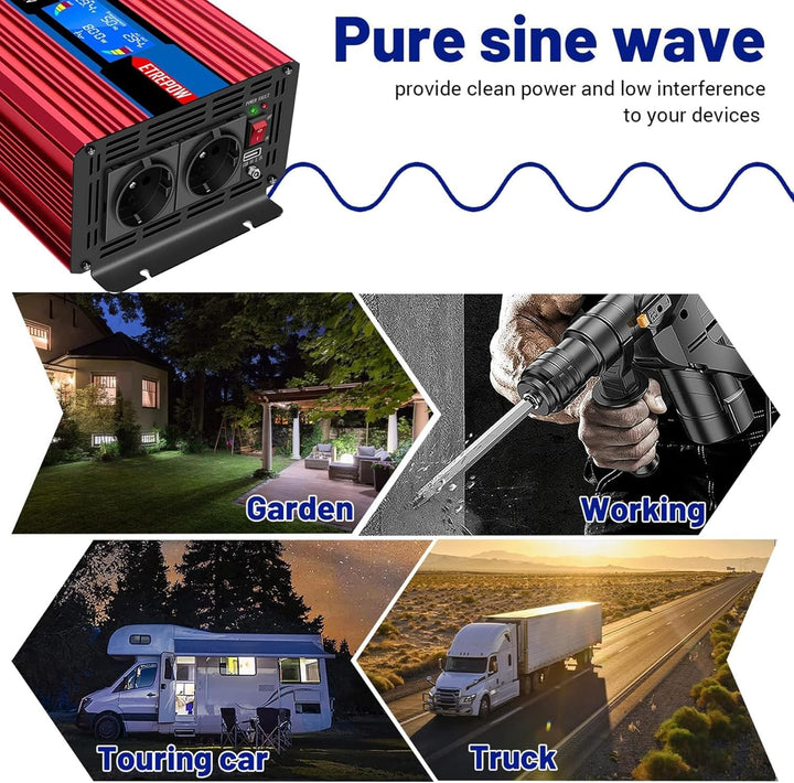 ETREPOW Spannungswandler 3000w 24v Auf 230v Reiner Sinus Wechselrichter mit 2 EU-Steckdose und Einer