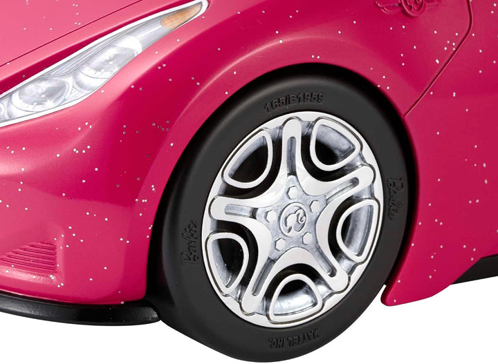 Barbie-Puppe und Auto, Barbie-Auto in glänzendem Pink, Cabrio-Auto mit schwarzem Innenraum, Sicherhe