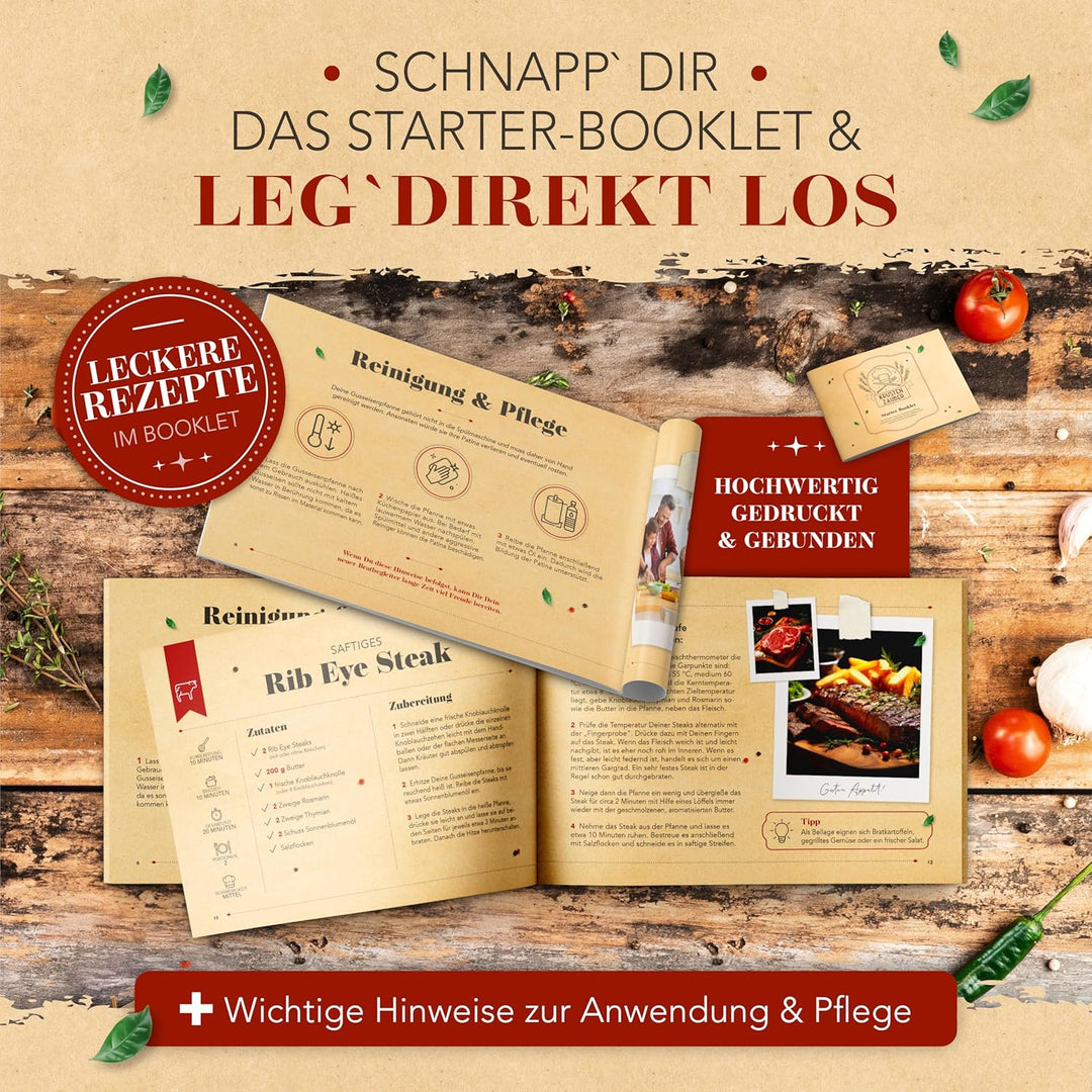 KRUSTENZAUBER Gusseisenpfanne Induktion 24cm inkl. Deckel und Pfannenwender - Geschliffene Pfanne Gu