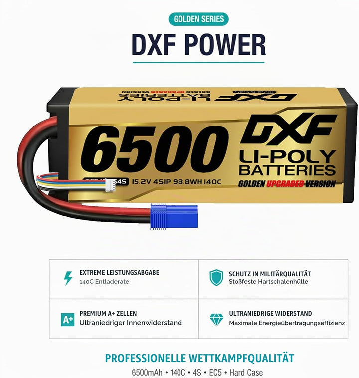 DXF Hochvolt, 4S, 6500mAh, 15,2 V, 140C, Hardcase mit EC5 Spina per 1:8 Scala RC Auto, Multi-Rotor,