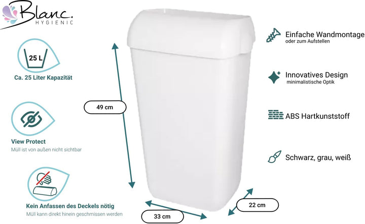 Blanc HYGIENIC Abfallbehälter Premium BIN – Mülleimer mit abnehmbarem Deckel, Abfalleimer 25 Liter,