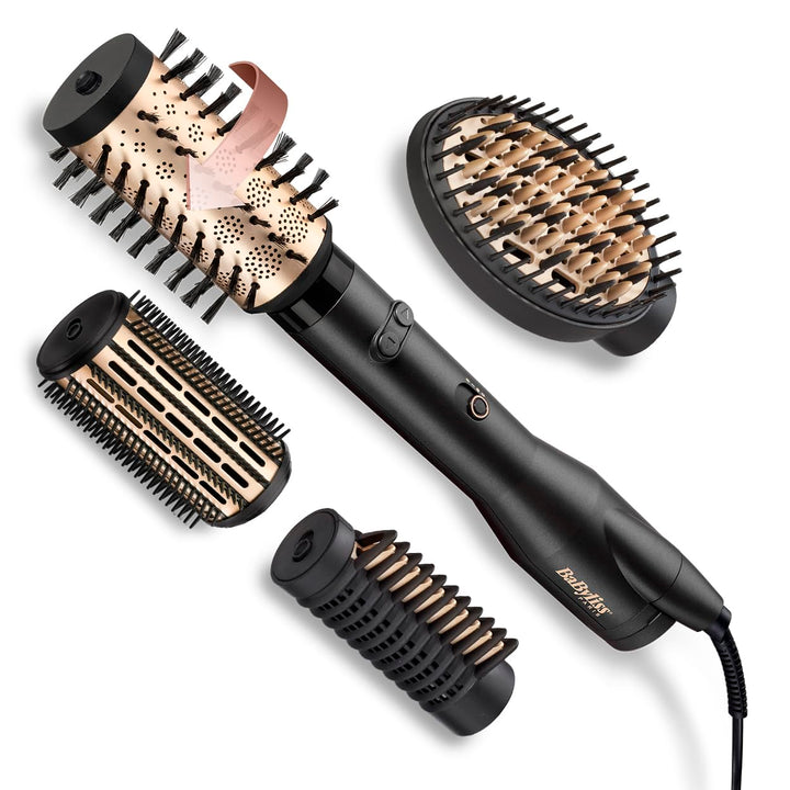 BaByliss Big Hair Luxe Rotierende Warmluftbürste, Föhnbürste mit 4 Aufsätzen zum Glätten, Bürsten un