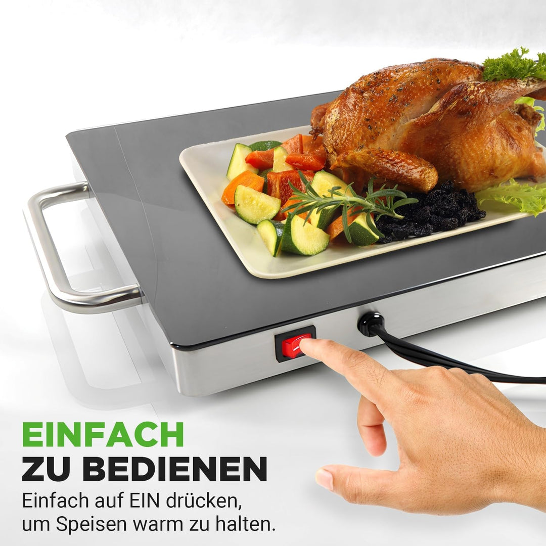 NutriChef Warmhalteplatte Elektrisch – 41,9 x 27,9 cm Glas-Kochplatte mit Griffen für Speisen, Für B