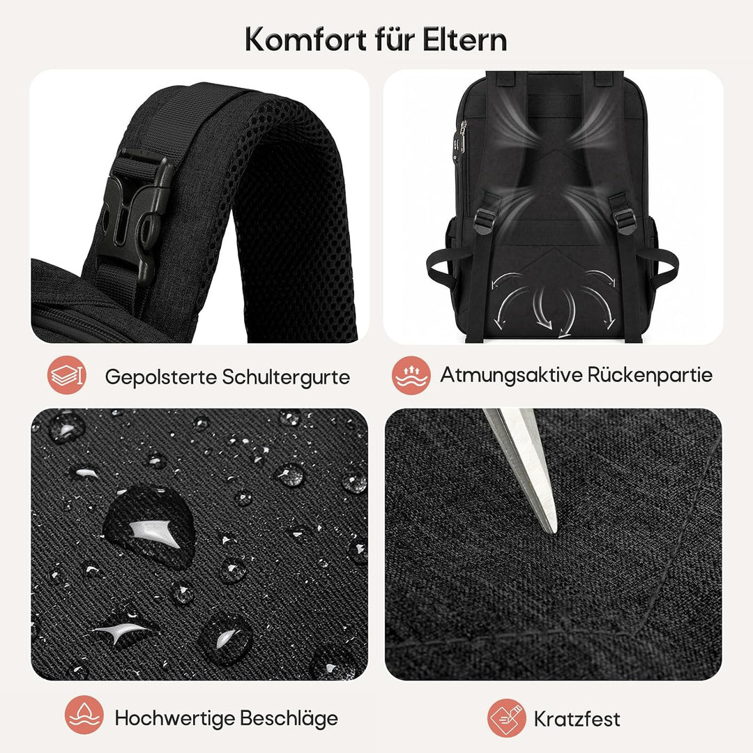RAINSMORE Wickelrucksack Gross Baby Wickeltasche mit Wickelunterlage Schwarz | Wasserdichte Wickelta