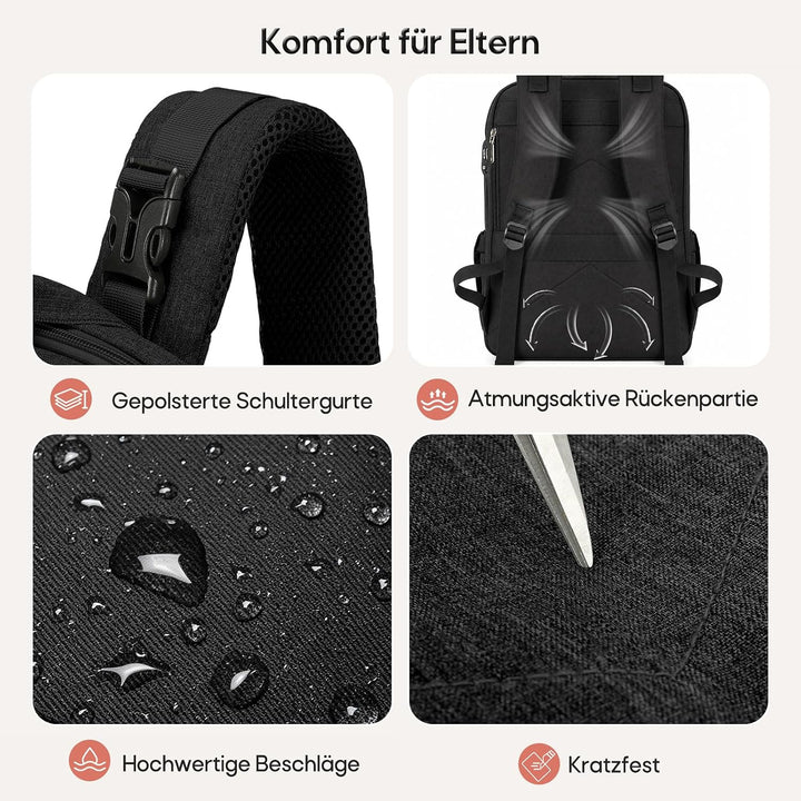 RAINSMORE Wickelrucksack Gross Baby Wickeltasche mit Wickelunterlage Schwarz | Wasserdichte Wickelta