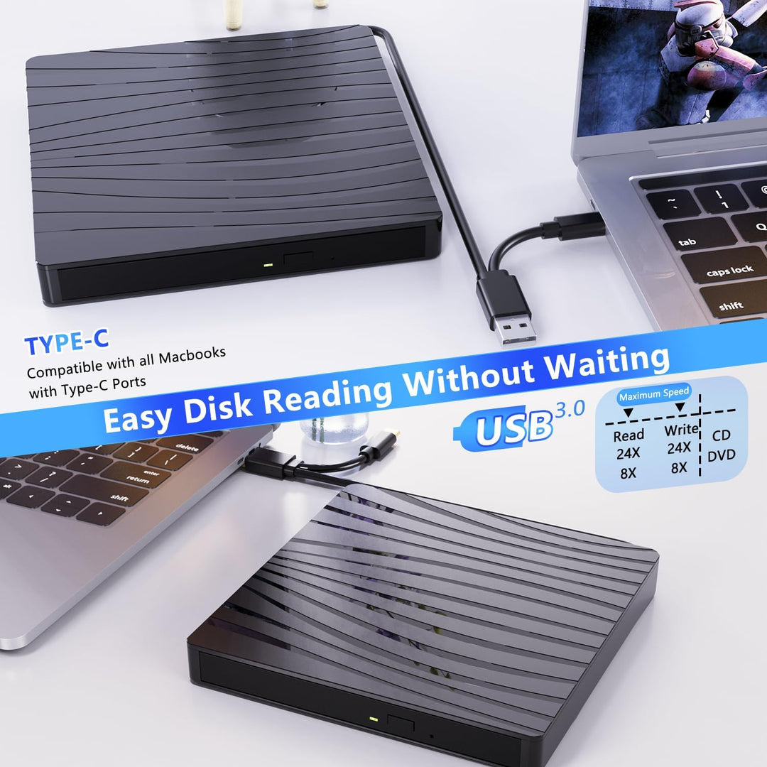 QDSYLQ Externes DVD Laufwerk, USB 3.0 & Type-C Tragbar CD DVD +/-RW Brenner Optical Drive DVD Laufwe