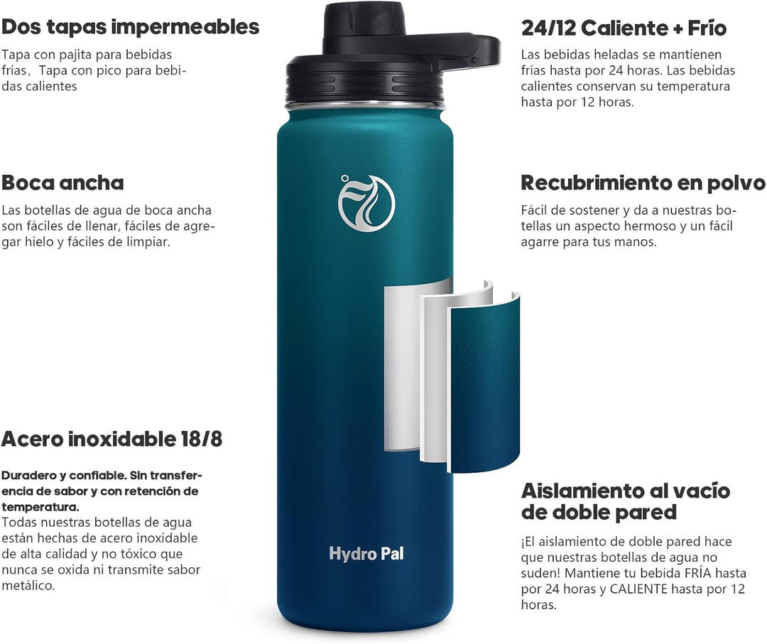 HydroPal Edelstahl Trinkflasche - 750ml, 1L, 1,2L, BPA-Frei, Kohlensäure geeignet, Isolierte flasche