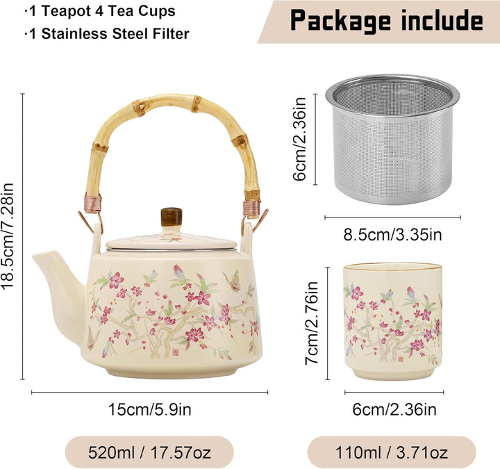 fanquare Teeservice mit Blumenmuster Gelb glasierte Porzellan Teekanne mit Sieb Japanische Teekanne