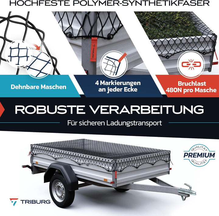TRIBURG Anhängernetz Dehnbar 1,5x2,7m bis 2,5x3,5m inkl. 10 Expanderhaken | Elastisches Anhänger Net