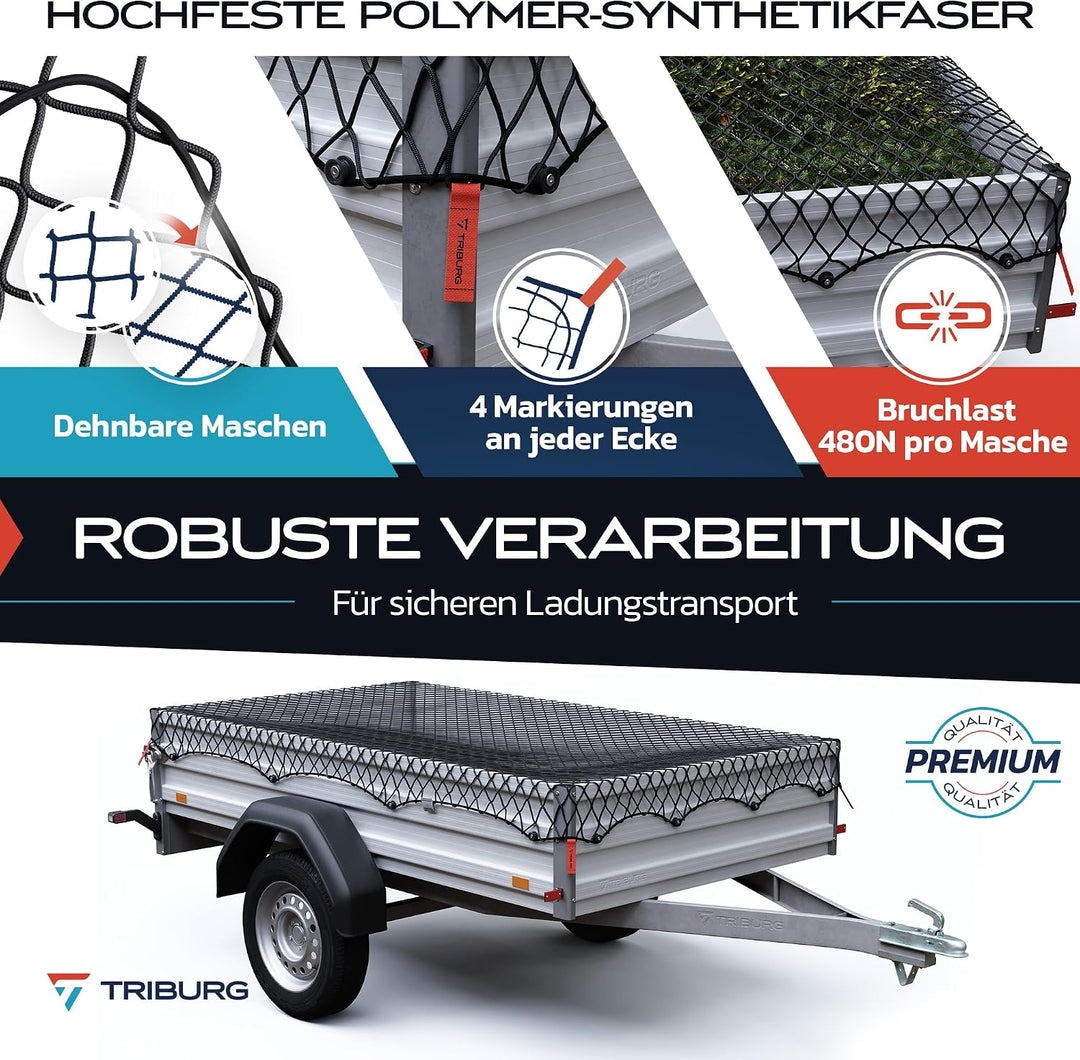 TRIBURG® Anhängernetz Dehnbar für Anhänger der Grössen 1x2 m bis 2x3 m - engmaschig mit Gummiseil [s