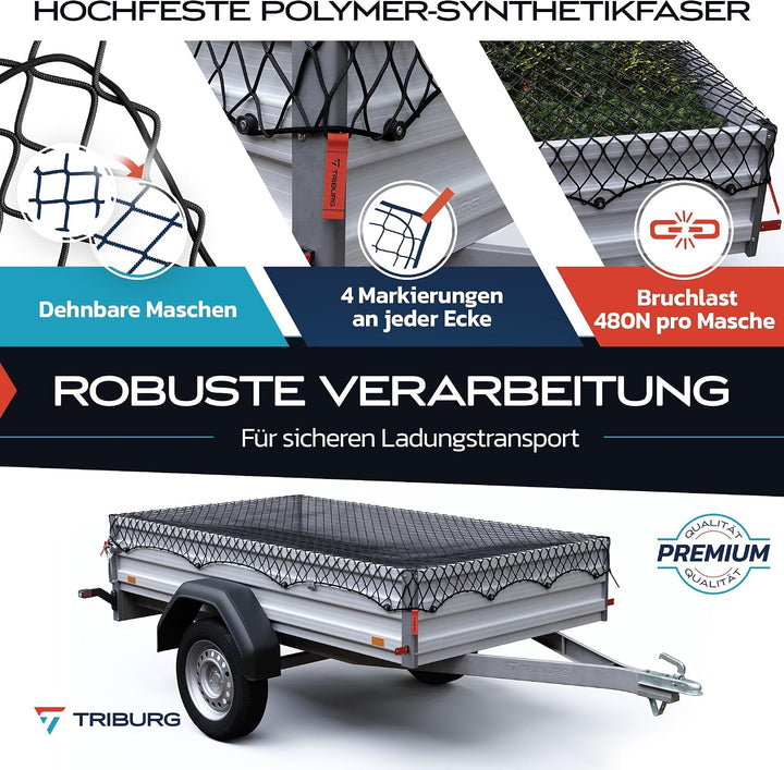 TRIBURG® Anhängernetz Dehnbar für Anhänger der Grössen 1x2 m bis 2x3 m - engmaschig mit Gummiseil [s