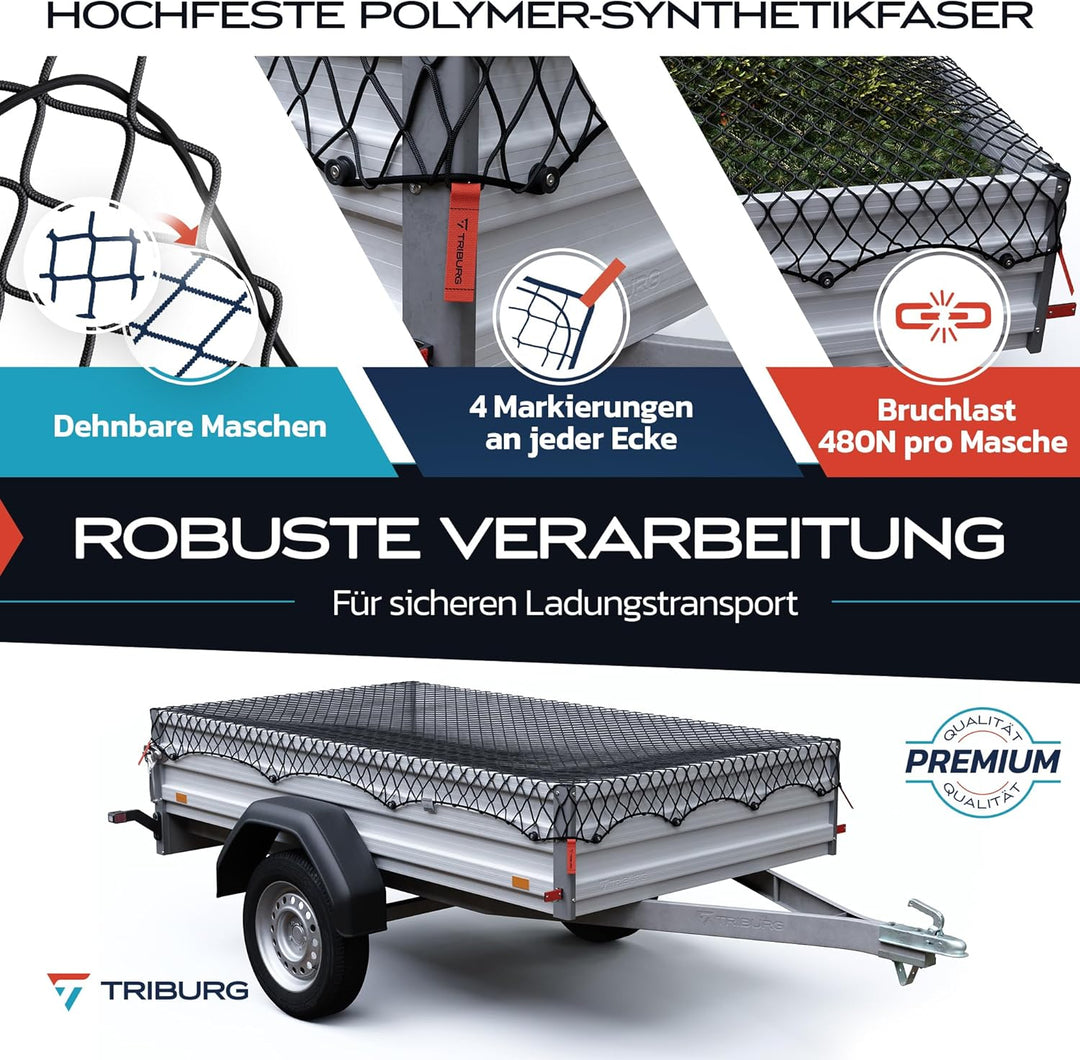TRIBURG Anhängernetz Dehnbar 1,5x2,7 m bis 2,5x3,5 m | Elastisches Anhänger Netz mit Eckmarkierungen