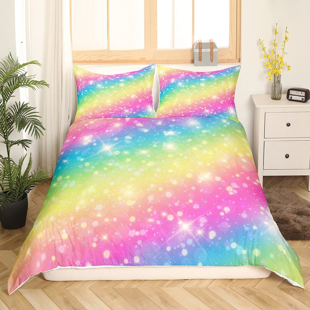 Regenbogen Farbe Tröster Bezug Set Mädchen Kinder Blingling Dekor Bettwäsche-Set Niedlichen Karikatu