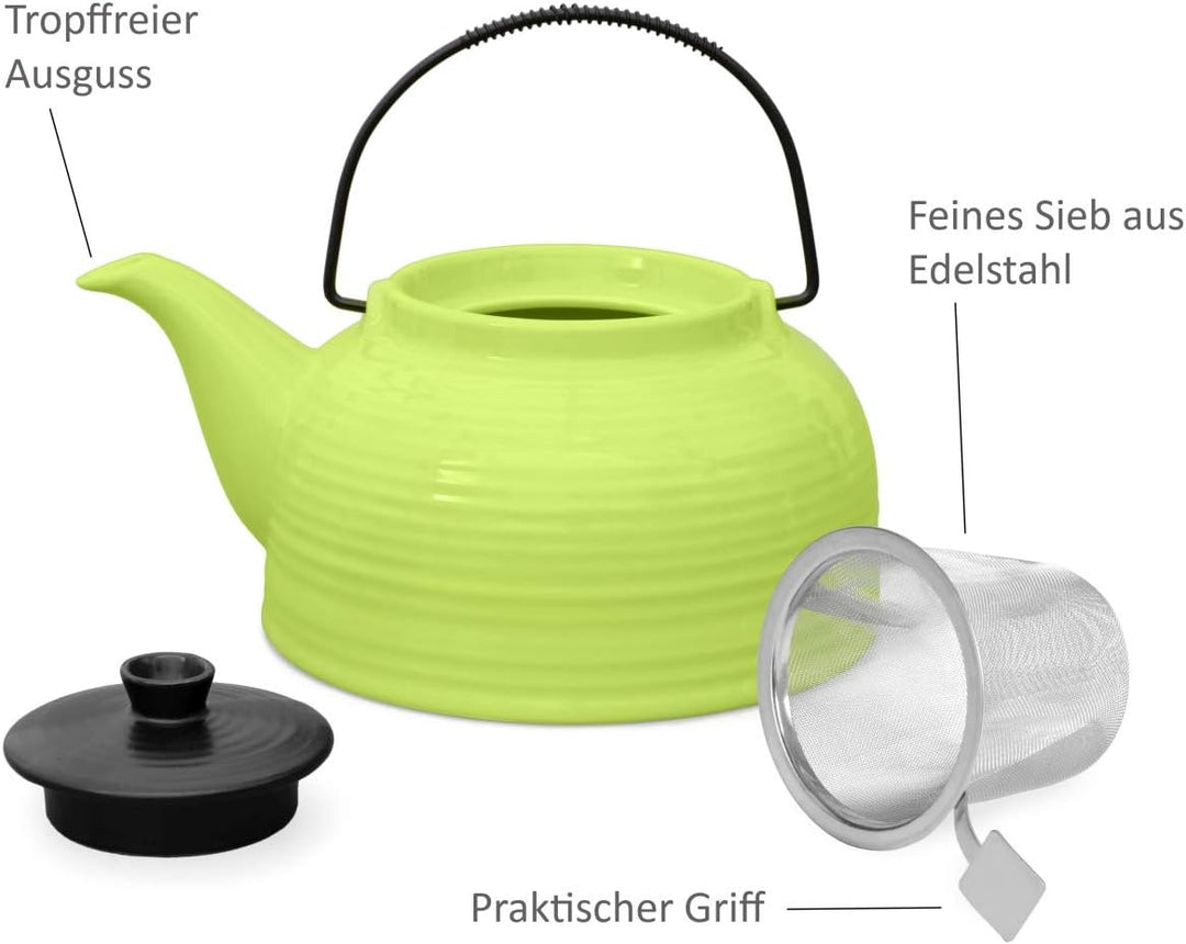 Aricola Teeservice „Nelly“. Moderne Teekanne 1,5 Liter in grün/schwarz aus hitzebeständiger Keramik