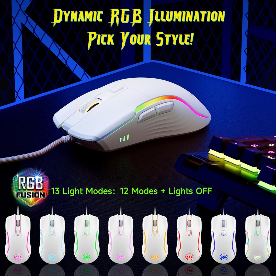 memzuoix Gaming Maus mit Kabel und LED-Lichtern – 12.800 DPI einstellbar, 6 Tasten, 12 RGB-Modi, Erg
