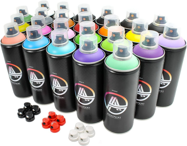 Double A Spraypaint Sprühdosen Set, Paket Multicolor, 24 Spraydosen + Sprühaufsätze