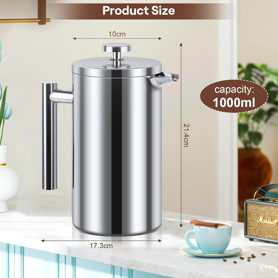 Kaffeebereiter French Press Edelstahl, 1000ml French Press, Doppelwandig Isoliert Kaffeepresse, Kaff