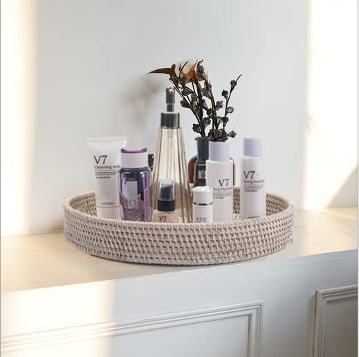 Serviertablett aus Rattan, rundes Tablett 30 cm – Handgeflochtener Korb im Landhausstil, Gebleicht W