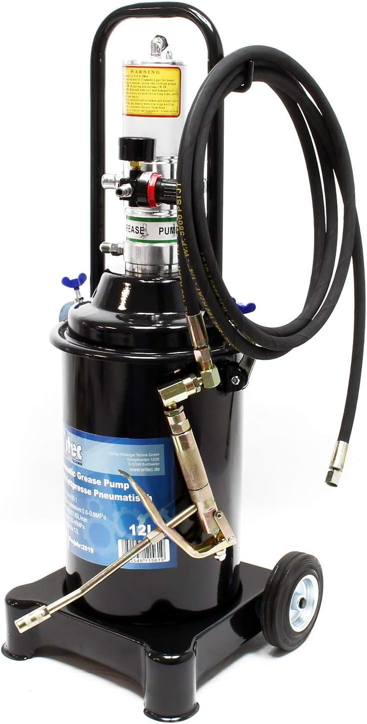 Wiltec Profi Fettpresse fahrbar mit Druckluft betrieben und 12 Liter Tank pneumatische Abschmierpres