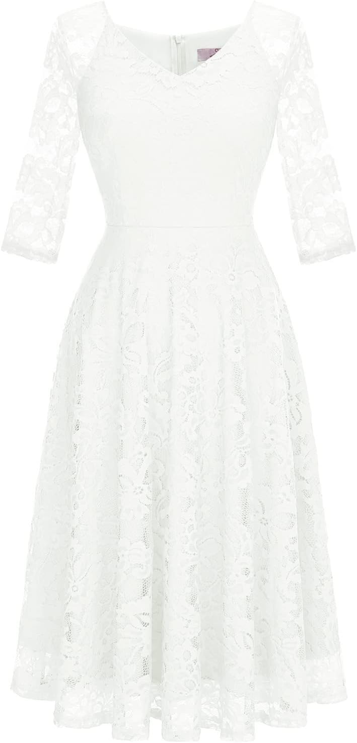 Dressystar Damen Elegant Spitzenkleid V-Ausschnitt Cocktailkleid Hochzeit Midi Abendkleider XXL Weis