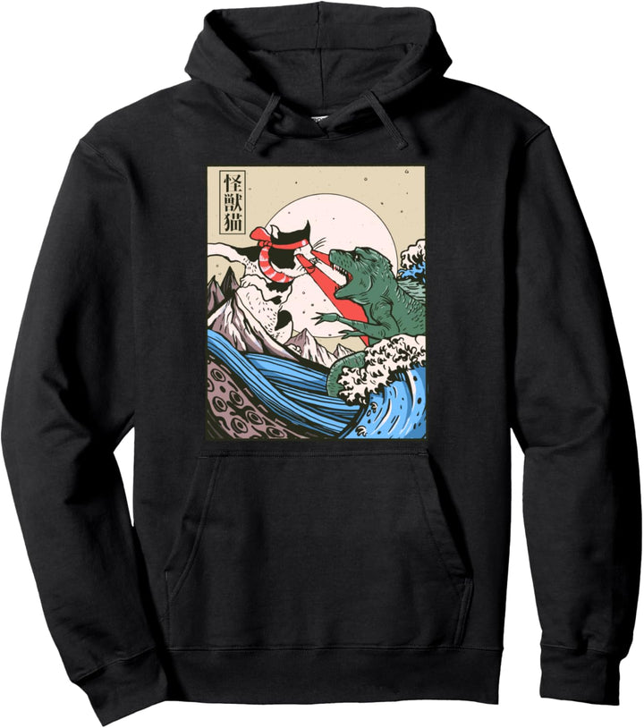 Katze kämpft gegen Monster Grosse Welle Japanische Kunst Pullover Hoodie