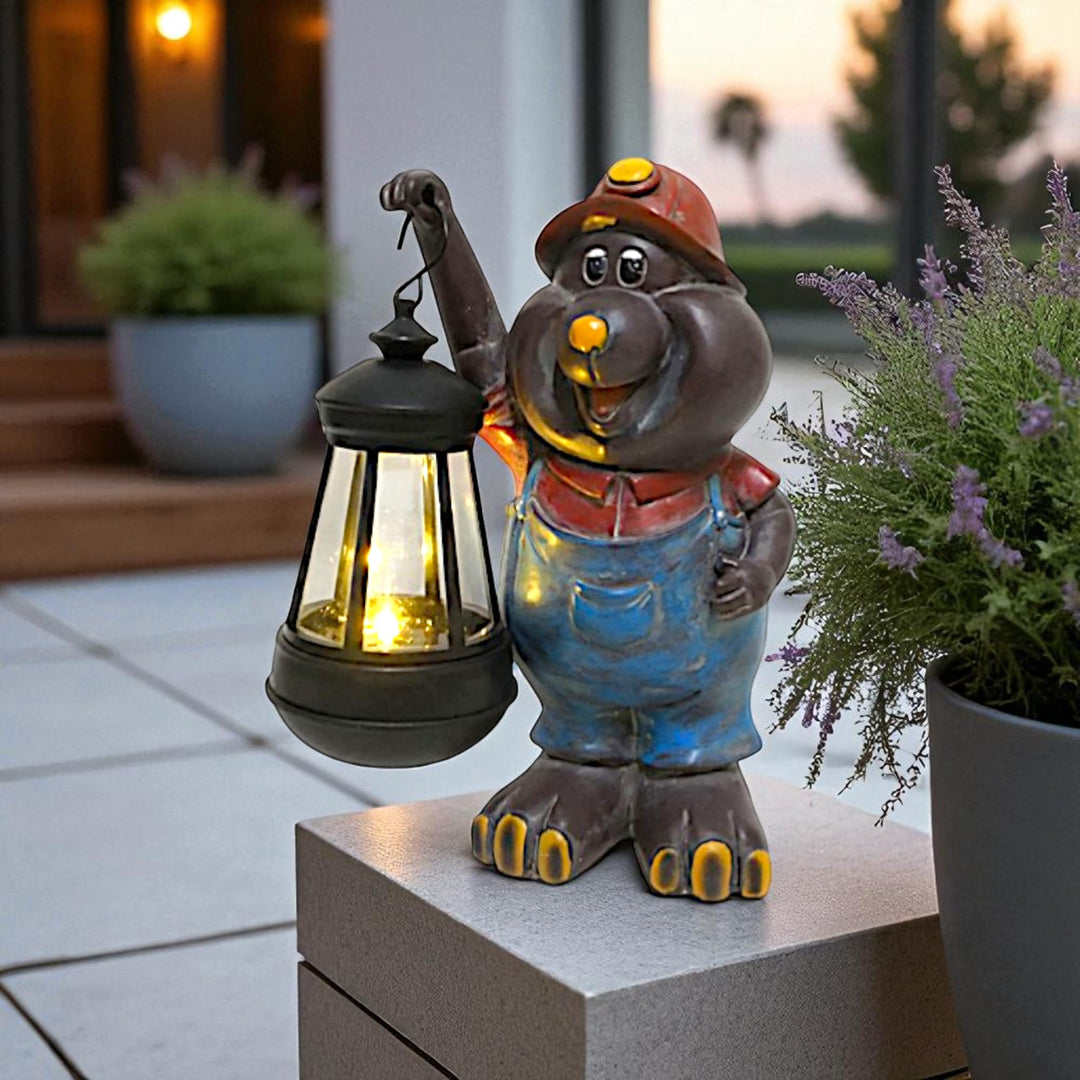 Arnusa Solar Maulwurf Figur mit LED Laterne – 21cm Gartenfigur aus Polyresin – warmweisses Licht – S