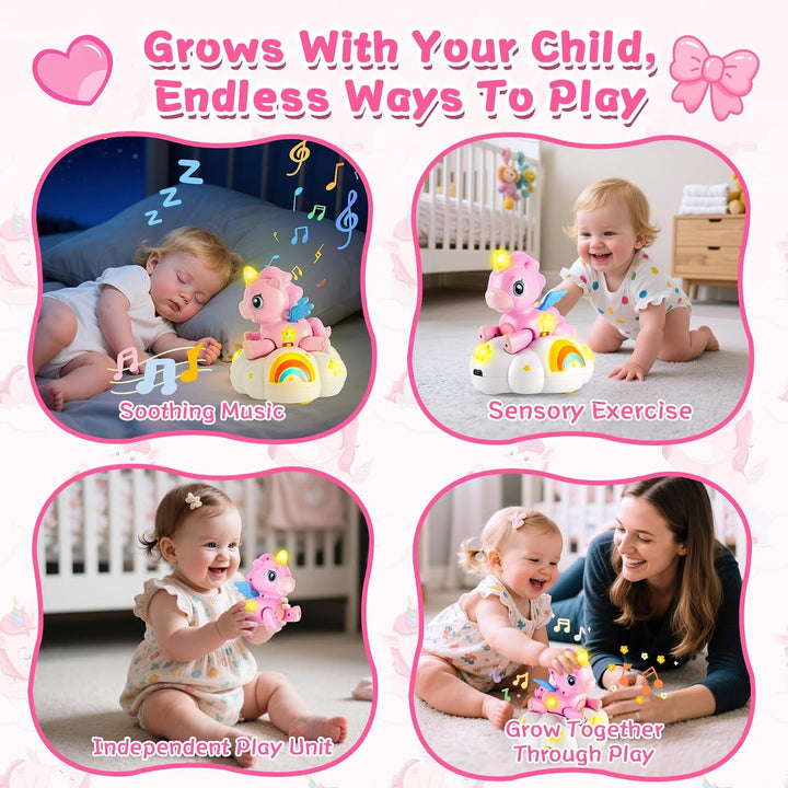 2-in-1 Einhorn Wolken Baby Spielzeug mit 3 Entwicklungsstufen für Tummy Time,Krabbeln mit Licht &amp; Mu