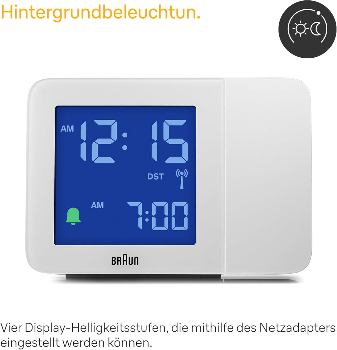 Braun Digitaler Funk-Projektionswecker für die mitteleuropäische Zeitzone (DCF) mit negativem LCD-Di