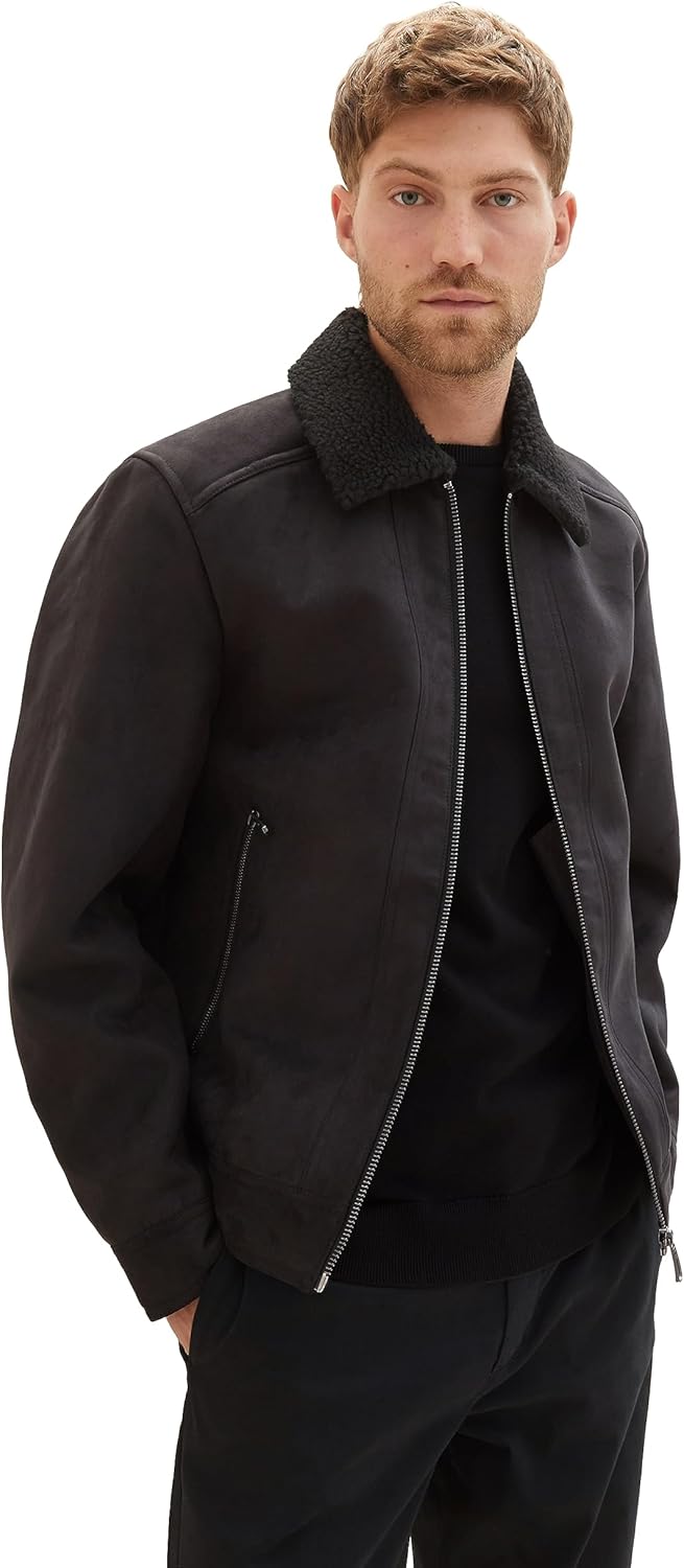 TOM TAILOR Herren Fake-Lederjacke mit Teddy-Kragen S 29999 - Black, S 29999 - Black