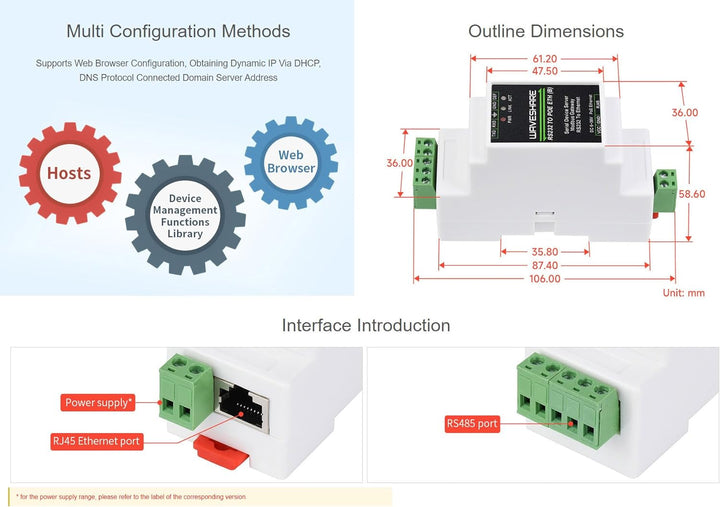 Waveshare RS485 zu RJ45 Ethernet Industrial Serial Server Modbus Gateway TCP/IP zu Serieller Rail-Mo
