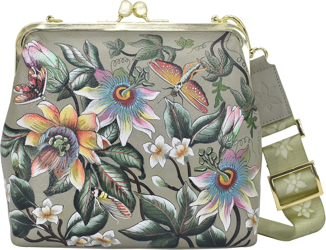 Anuschka Women's Frame Crossbody Tasche aus Echtleder, handbemalt, mittlere Grösse mit Rahmen Floral