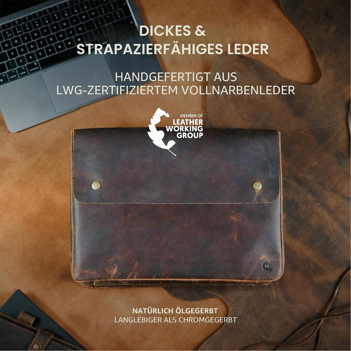 Moonster Laptoptasche Leder Herren Laptop Hülle - Geräumiges Handgefertigtes Design ohne Gurt - Rust