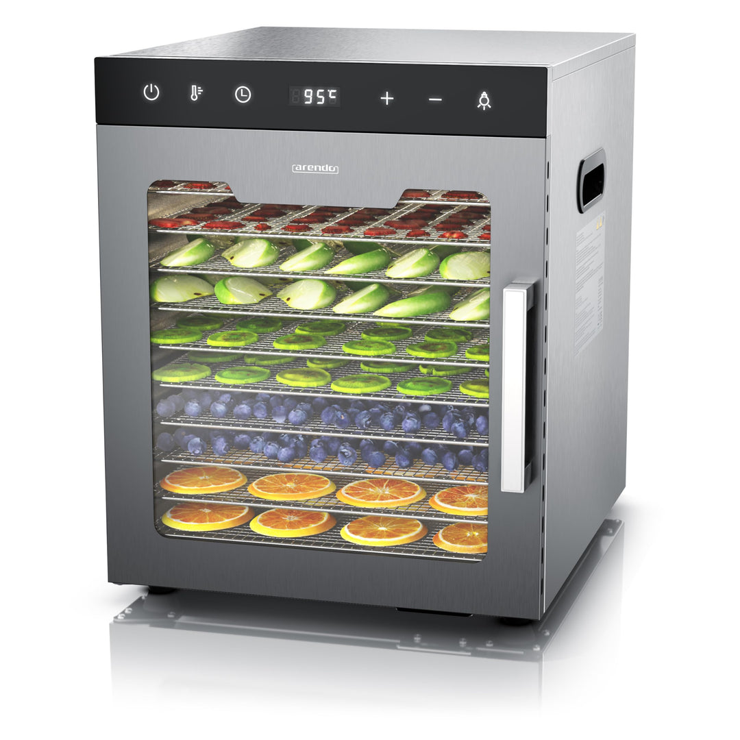 Arendo - Dörrautomat Edelstahl mit 10 Edelstahlgitter - 800 W - 35°-85°C - 10 Edelstahl Einlegetable