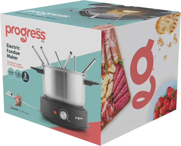 Progress Elektrischer Fondue-Maker – Enthält 8 Edelstahlgabeln und abnehmbaren 20 cm Topf, herzhaft