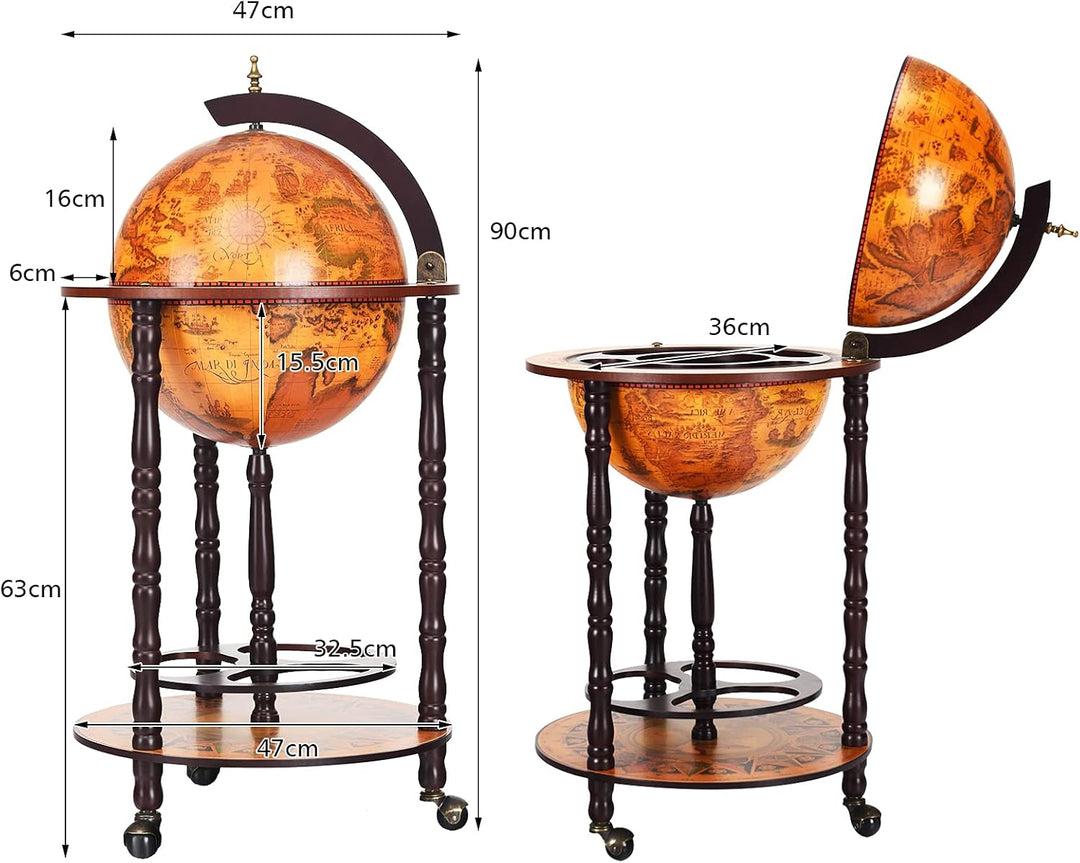 COSTWAY Globusbar Weltkugel, Barwagen Retro, Globus Bar auf Rollen, 2 Ebenen Hausbar, Servierwagen H