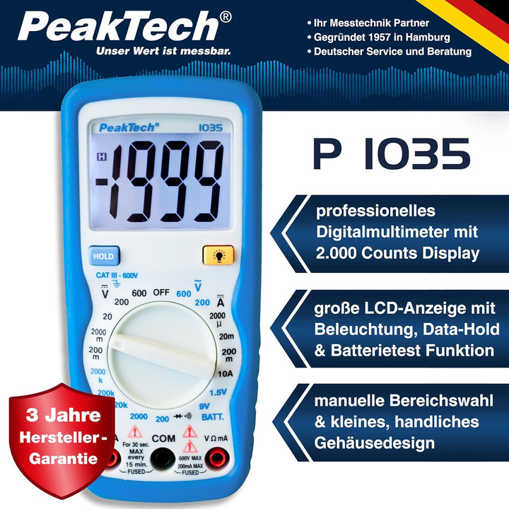 PeakTech Kompaktes Digital-Multimeter P1035 zur Messung von Spannung, Gleichstrom und Widerstand, Bl