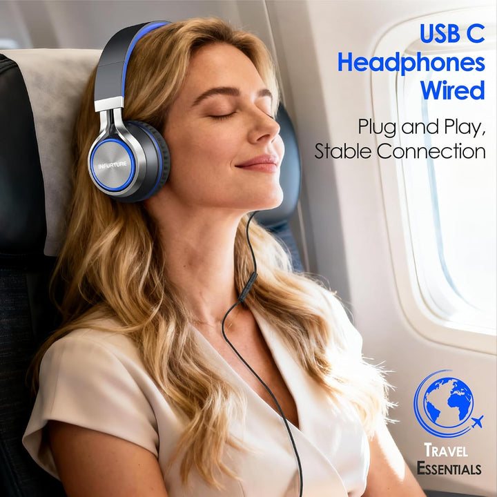 INFURTURE USB-C-Kopfhörer mit Mikrofon und Lautstärkeregler, Nur 191g Over Ear kopfhörer, Leicht Kop